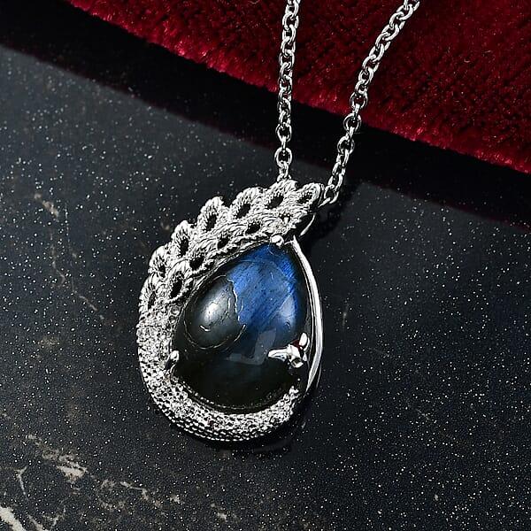 Shop Lc EverTrue AAA Malagasy Labradorite White Zircon Pendant In Platinum Bond With Stainless Steel Necklace 8.90 Ctw (20 Inches)