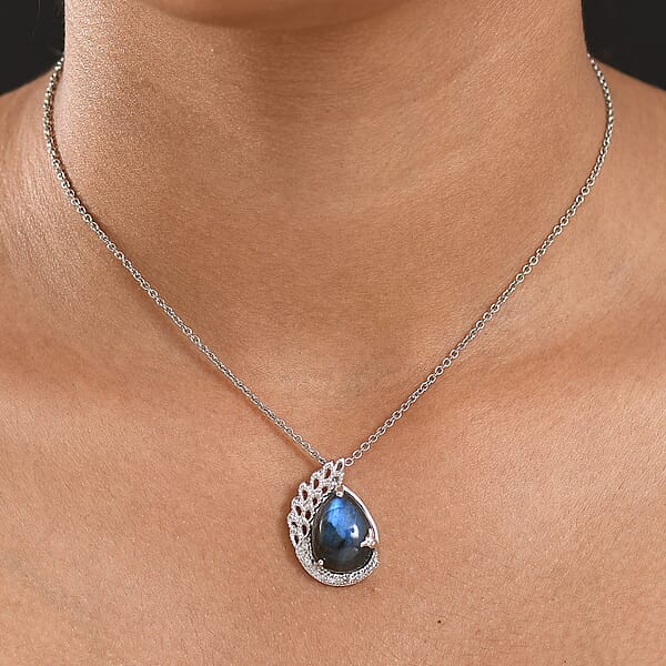 Shop Lc EverTrue AAA Malagasy Labradorite White Zircon Pendant In Platinum Bond With Stainless Steel Necklace 8.90 Ctw (20 Inches)