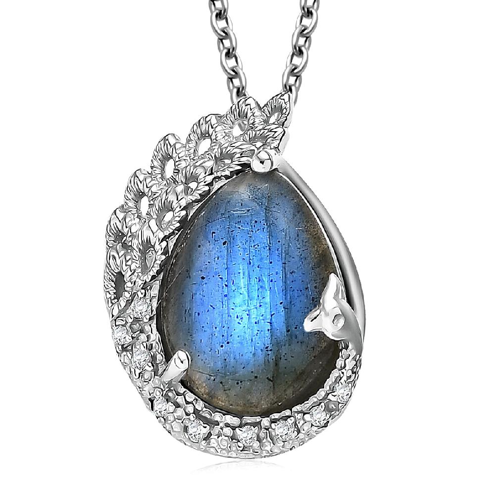 shop lc EverTrue AAA Malagasy Labradorite White Zircon Pendant in Platinum Bond with Stainless Steel Necklace 8.90 ctw (20 Inches)