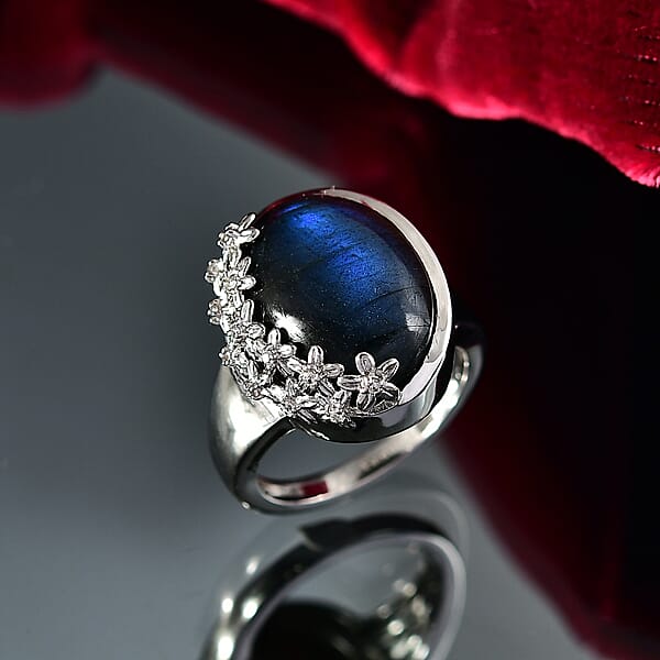 Shop Lc EverTrue AAA Malagasy Labradorite White Zircon Ring In Platinum Bond 12.80 Ctw