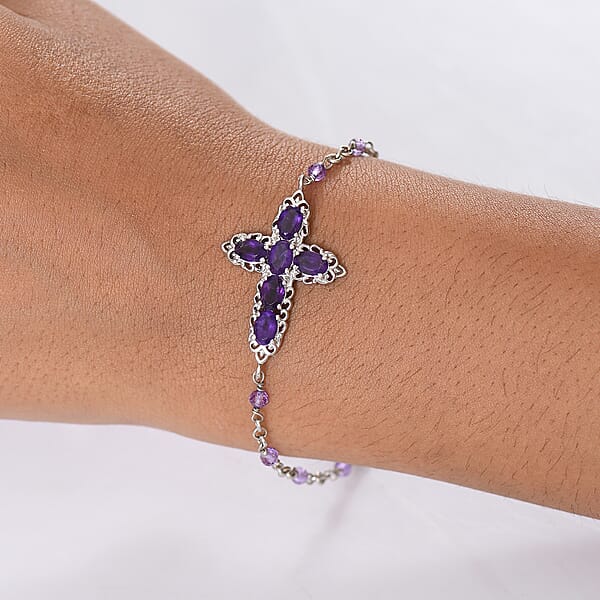 Shop Lc EverTrue African Amethyst 4.40 Ctw Cross Bracelet In Platinum Bond (6.50-8.0In)
