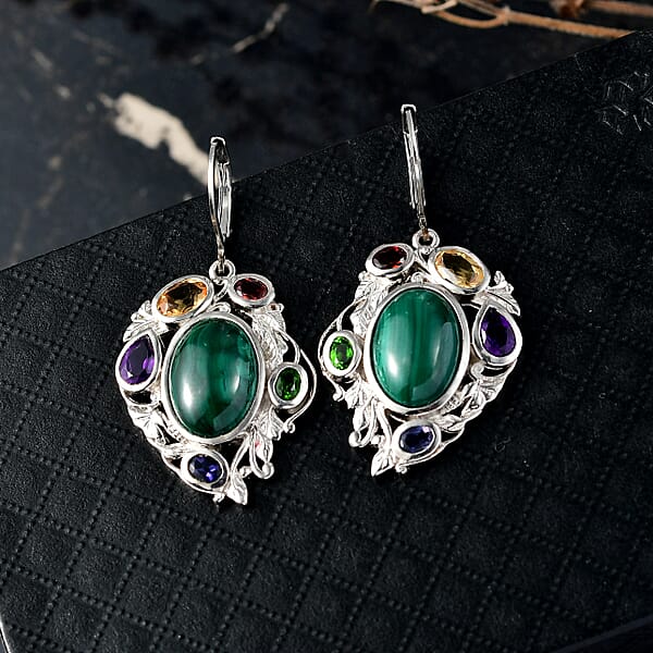 Shop Lc EverTrue African Malachite And Multi Gemstone 19.10 Ctw Blooming Garden Earrings In Platinum Bond