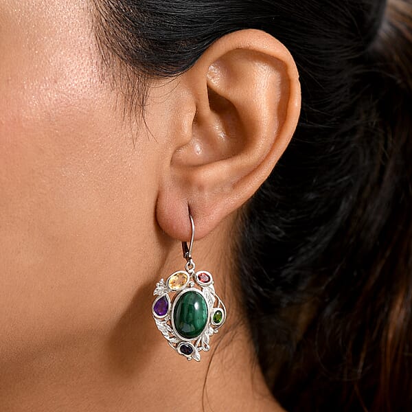 Shop Lc EverTrue African Malachite And Multi Gemstone 19.10 Ctw Blooming Garden Earrings In Platinum Bond