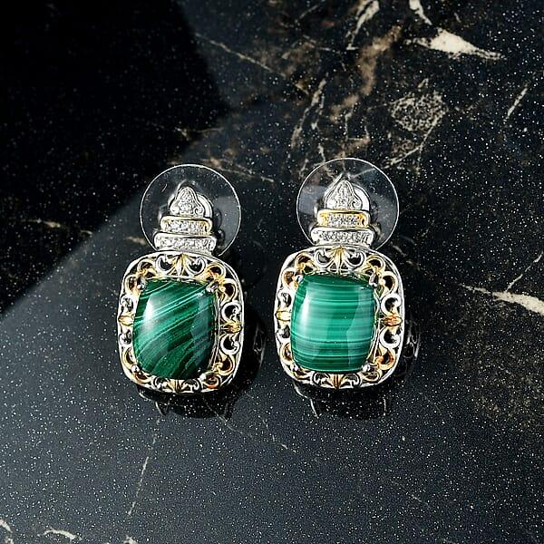 Shop Lc EverTrue African Malachite And White Zircon 14.85 Ctw Vintage Era Earrings In 18K YG Plated And Platinum Bond