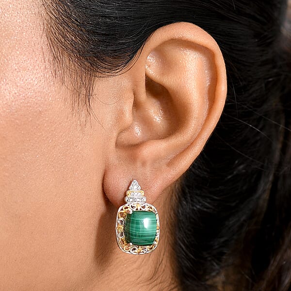 Shop Lc EverTrue African Malachite And White Zircon 14.85 Ctw Vintage Era Earrings In 18K YG Plated And Platinum Bond
