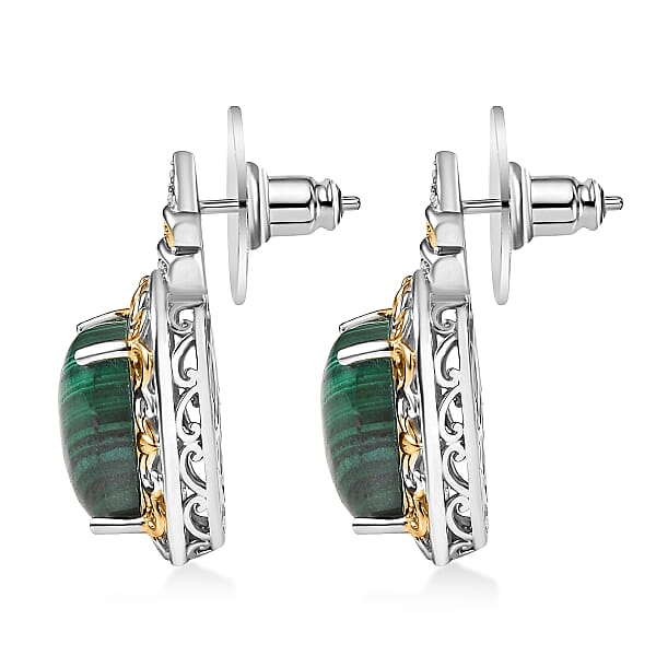 Shop Lc EverTrue African Malachite And White Zircon 14.85 Ctw Vintage Era Earrings In 18K YG Plated And Platinum Bond