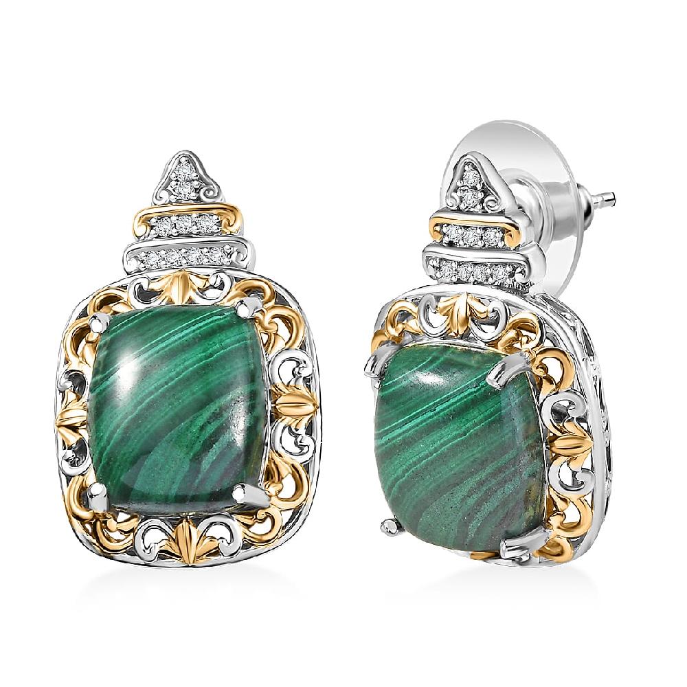 shop lc EverTrue African Malachite and White Zircon 14.85 ctw Vintage Era Earrings in 18K YG Plated and Platinum Bond