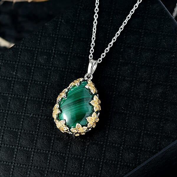 Shop Lc EverTrue African Malachite And White Zircon 19.40 Ctw Floral Pendant In 18K YG Plated And Platinum Bond With Stainless Steel Necklace 20 Inches