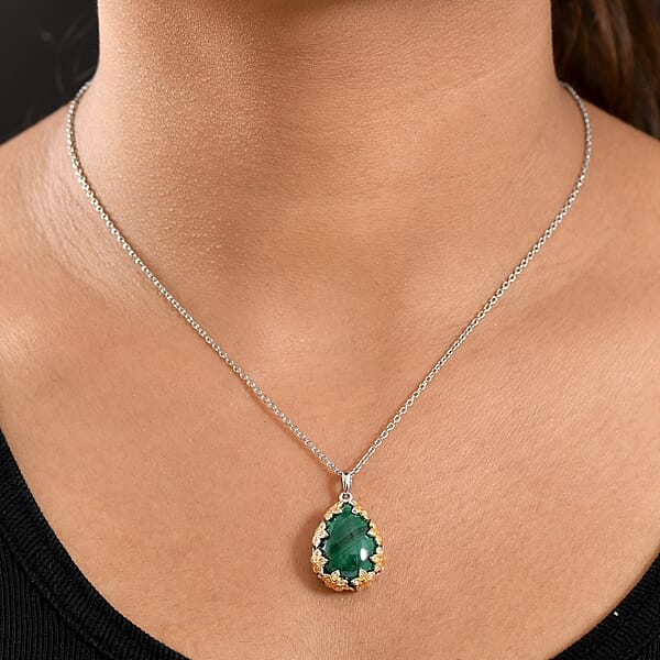 Shop Lc EverTrue African Malachite And White Zircon 19.40 Ctw Floral Pendant In 18K YG Plated And Platinum Bond With Stainless Steel Necklace 20 Inches
