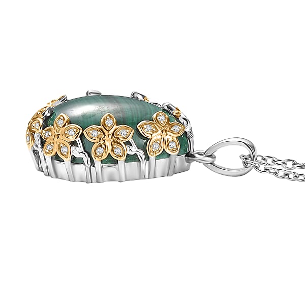 Shop Lc EverTrue African Malachite And White Zircon 19.40 Ctw Floral Pendant In 18K YG Plated And Platinum Bond With Stainless Steel Necklace 20 Inches