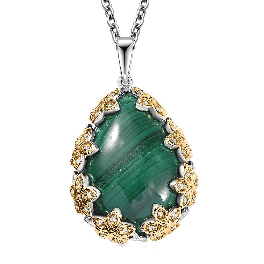 shop lc EverTrue African Malachite and White Zircon 19.40 ctw Floral Pendant in 18K YG Plated and Platinum Bond with Stainless Steel Necklace 20 Inches