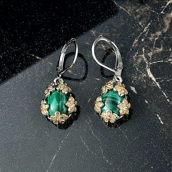 Shop Lc EverTrue African Malachite And White Zircon 9.75 Ctw Floral Earrings In 18K YG Plated And Platinum Bond