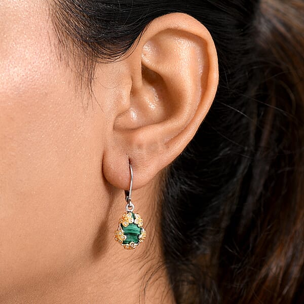 Shop Lc EverTrue African Malachite And White Zircon 9.75 Ctw Floral Earrings In 18K YG Plated And Platinum Bond
