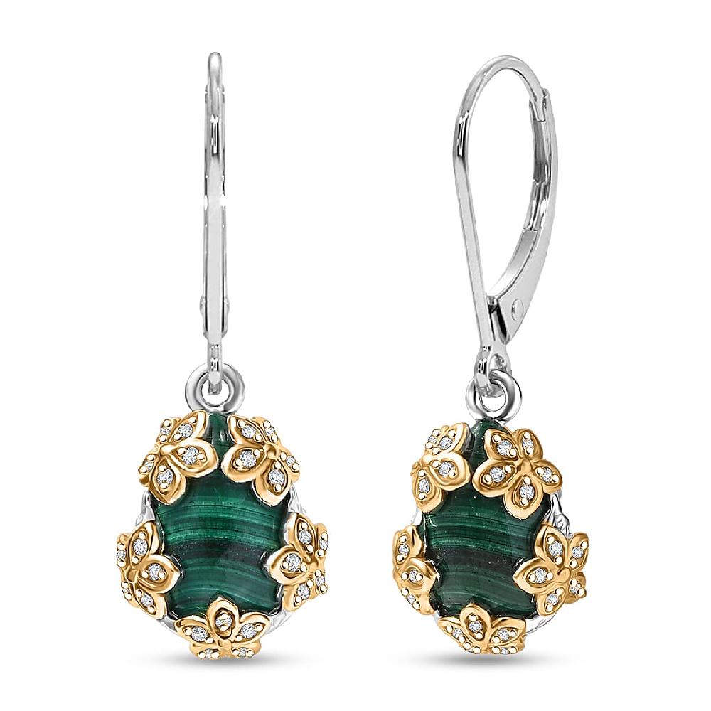 shop lc EverTrue African Malachite and White Zircon 9.75 ctw Floral Earrings in 18K YG Plated and Platinum Bond