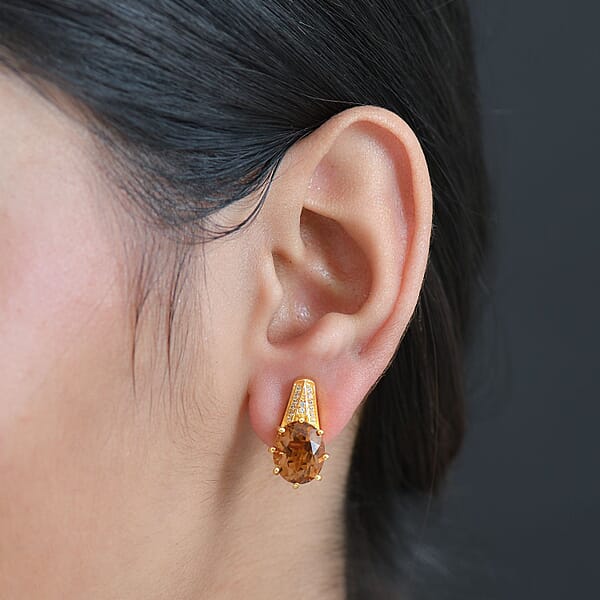 Shop Lc EverTrue Autumn Alexite And White Zircon 7.20 Ctw Art Deco Earrings In 18K Yellow Gold Plated