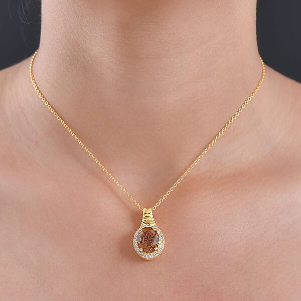 Shop Lc EverTrue Autumn Alexite White Zircon Halo Pendant In 18K YG Plated With ION Plated YG Stainless Steel Necklace 5.40 Ctw (20 Inches)