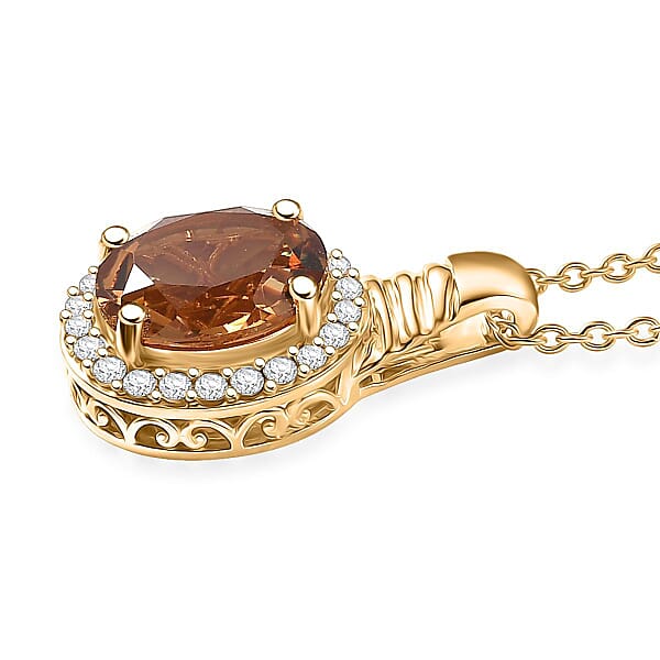 Shop Lc EverTrue Autumn Alexite White Zircon Halo Pendant In 18K YG Plated With ION Plated YG Stainless Steel Necklace 5.40 Ctw (20 Inches)