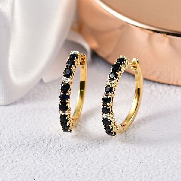 Shop Lc EverTrue Blue Sapphire And Moissanite 2.40 Ctw Minimalist Aura Hoop Earrings In 18K Yellow Gold Plated