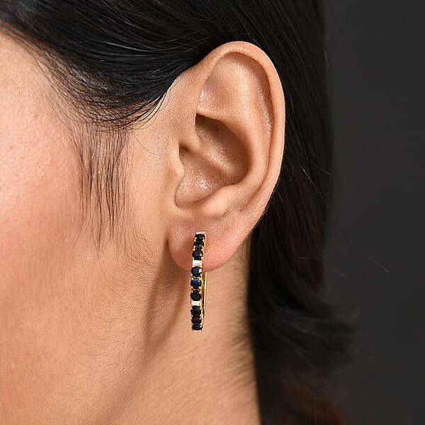 Shop Lc EverTrue Blue Sapphire And Moissanite 2.40 Ctw Minimalist Aura Hoop Earrings In 18K Yellow Gold Plated