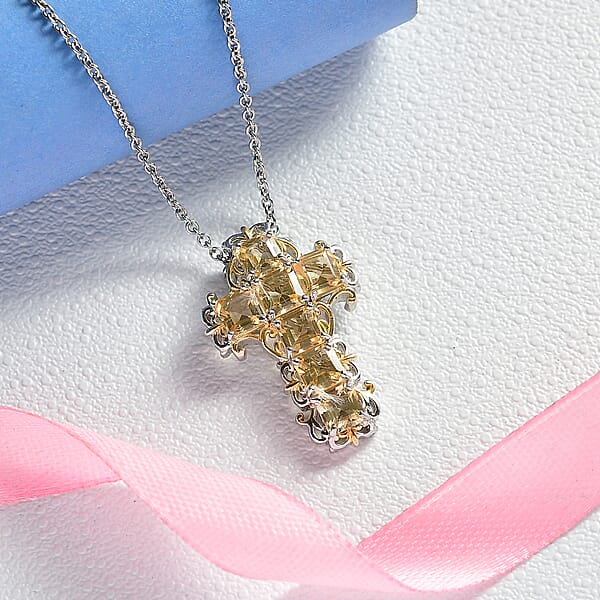 Shop Lc EverTrue Brazilian Citrine 4.65 Ctw Art Nouveau Cross Pendant In 18K YG Plated And Platinum Bond With Stainless Steel Necklace 20 Inches