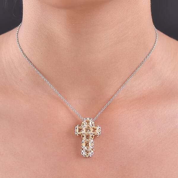 Shop Lc EverTrue Brazilian Citrine 4.65 Ctw Art Nouveau Cross Pendant In 18K YG Plated And Platinum Bond With Stainless Steel Necklace 20 Inches