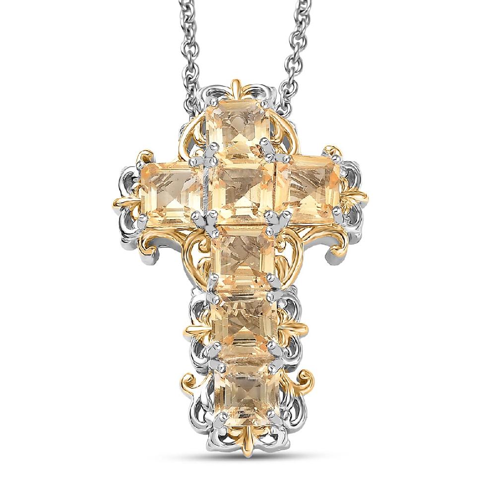 shop lc EverTrue Brazilian Citrine 4.65 ctw Art Nouveau Cross Pendant in 18K YG Plated and Platinum Bond with Stainless Steel Necklace 20 Inches