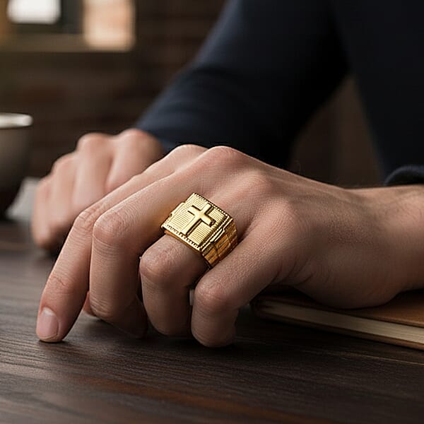 Shop Lc EverTrue Bronzella Collection Faith Line Men's Ring In 18K YG Plated Bronze