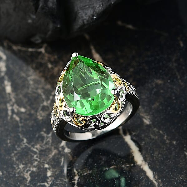 Shop Lc EverTrue Chartreuse Quartz (Triplet) 8.90 Ctw Art Deco Ring 18K YG Plated And Platinum Bond