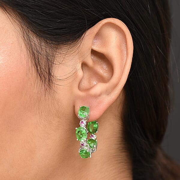 Shop Lc EverTrue Chartreuse Quartz (Triplet) And Lab Created Ruby 14.50 Ctw Floral Hoop Earrings In Platinum Bond