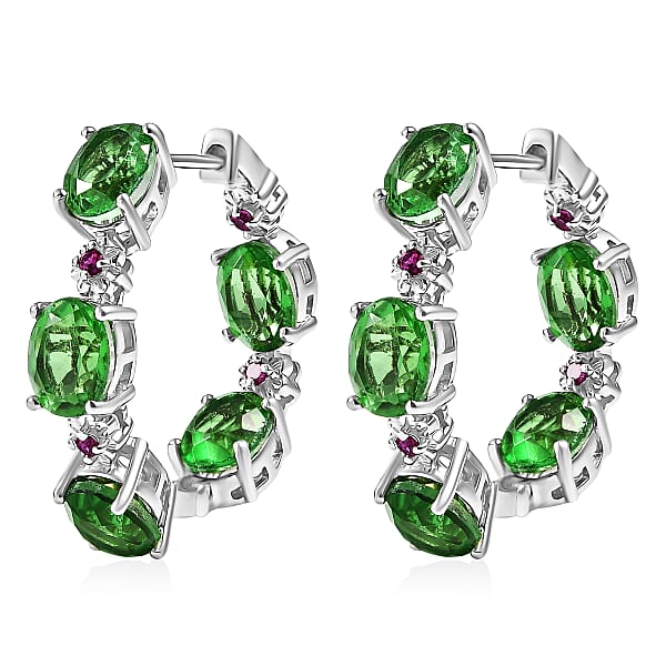 Shop Lc EverTrue Chartreuse Quartz (Triplet) And Lab Created Ruby 14.50 Ctw Floral Hoop Earrings In Platinum Bond