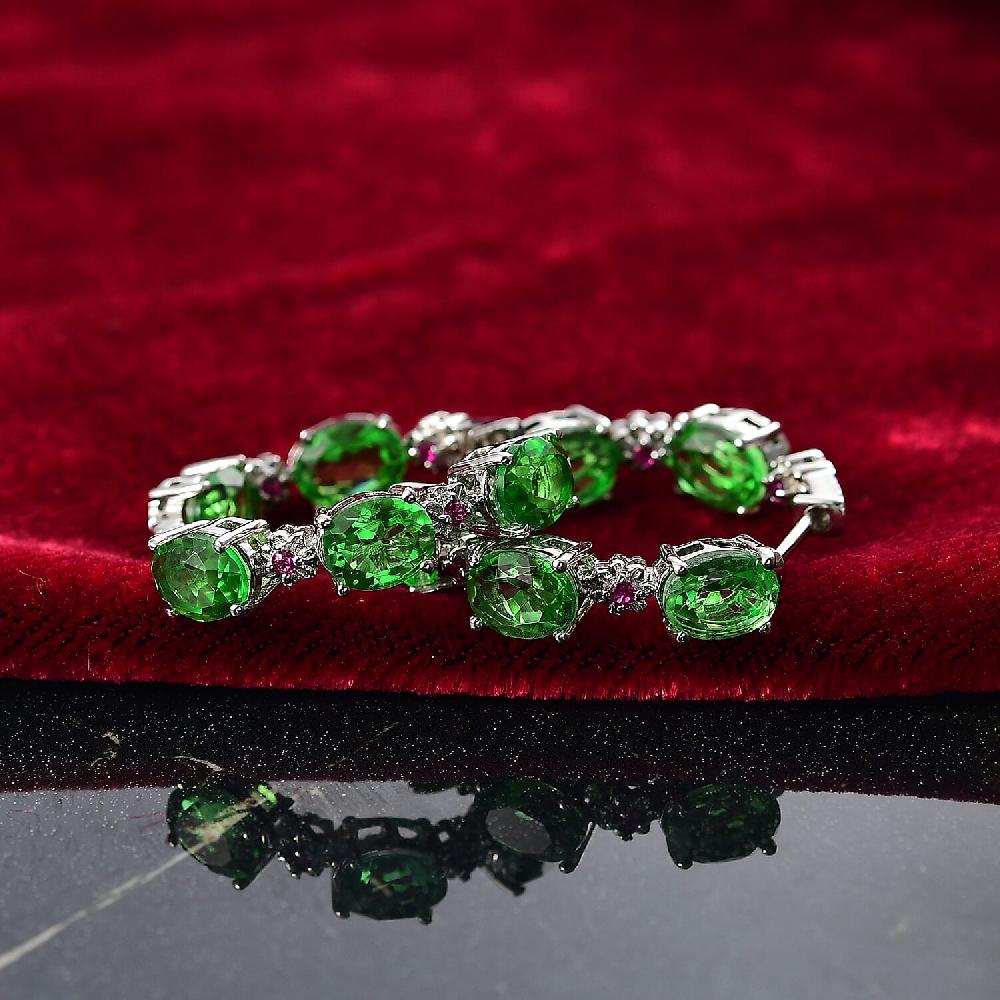 shop lc EverTrue Chartreuse Quartz (Triplet) and Lab Created Ruby 14.50 ctw Floral Hoop Earrings in Platinum Bond