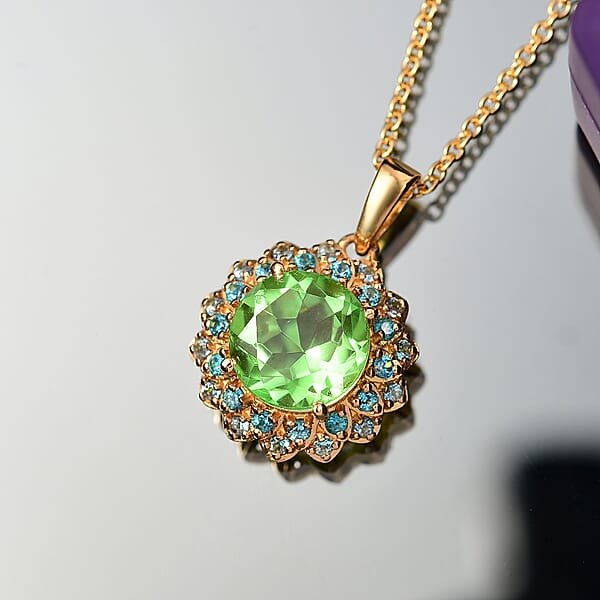 Shop Lc EverTrue Chartreuse Quartz (Triplet) Signity Ice Blue And Paraiba Topaz 4.70 Ctw Sunspire Bloom Pendant In 18K YG Plated With ION Plated Stainless Steel Necklace 20 Inches