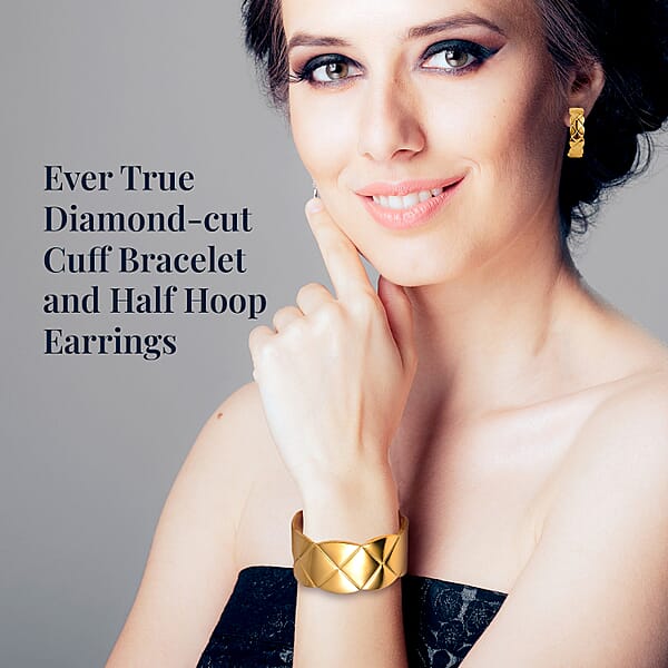 Shop Lc EverTrue Diamond-cut Cuff Bracelet (7.0 In) And Half Hoop Earrings In ION Plated Yellow Gold Stainless Steel Jewelry Set Birthday Gift For Her