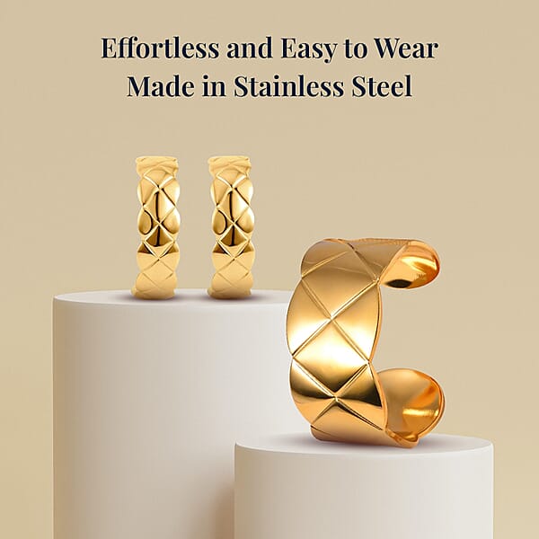 Shop Lc EverTrue Diamond-cut Cuff Bracelet (7.0 In) And Half Hoop Earrings In ION Plated Yellow Gold Stainless Steel Jewelry Set Birthday Gift For Her