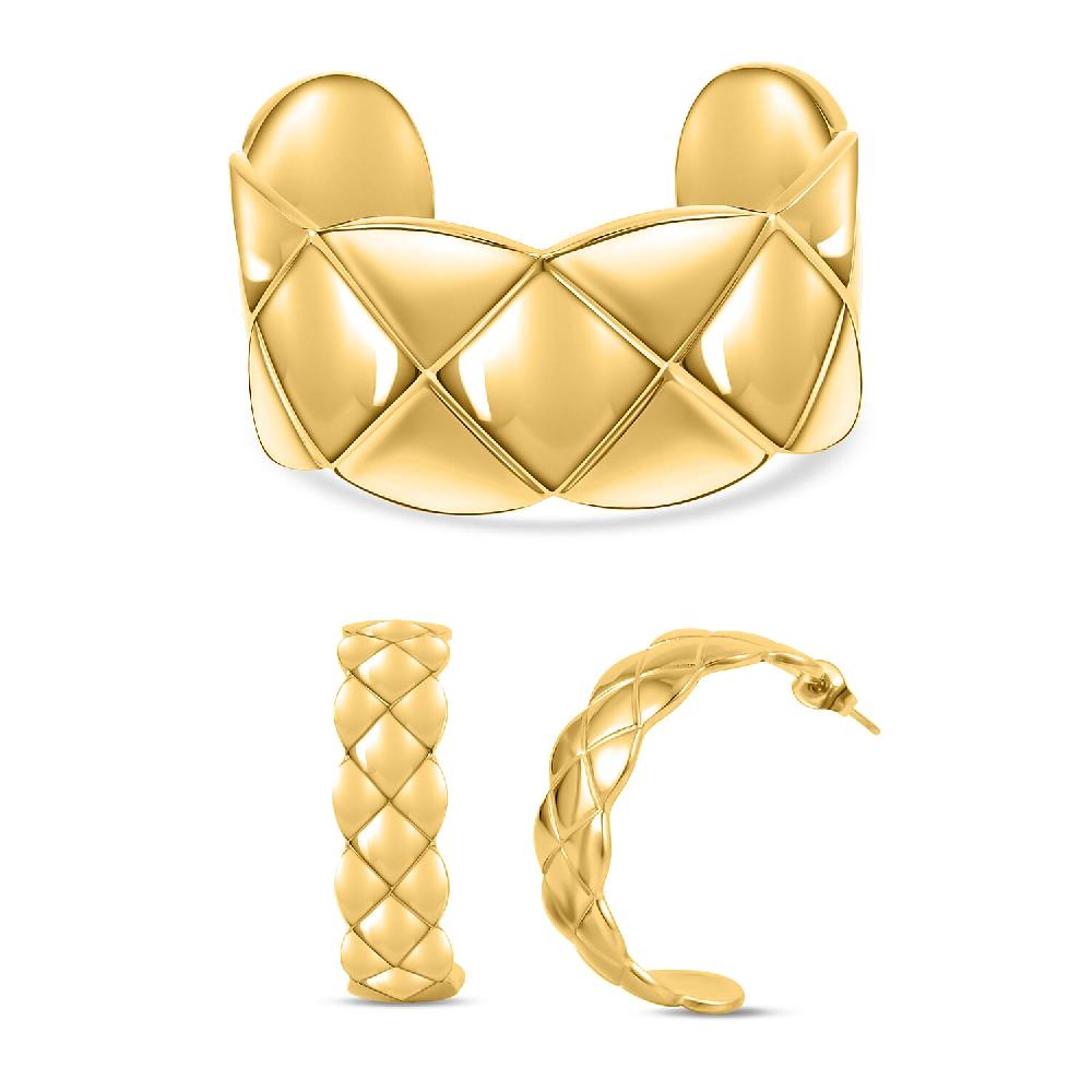 shop lc EverTrue Diamond-cut Cuff Bracelet (7.0 In) and Half Hoop Earrings in ION Plated Yellow Gold Stainless Steel Jewelry Set Birthday Gift For Her