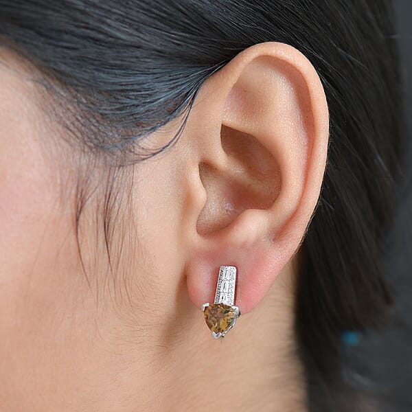 Shop Lc EverTrue Golden Fall Autumn Alexite And White Zircon 2.90 Ctw Art Deco Earrings In Platinum Bond