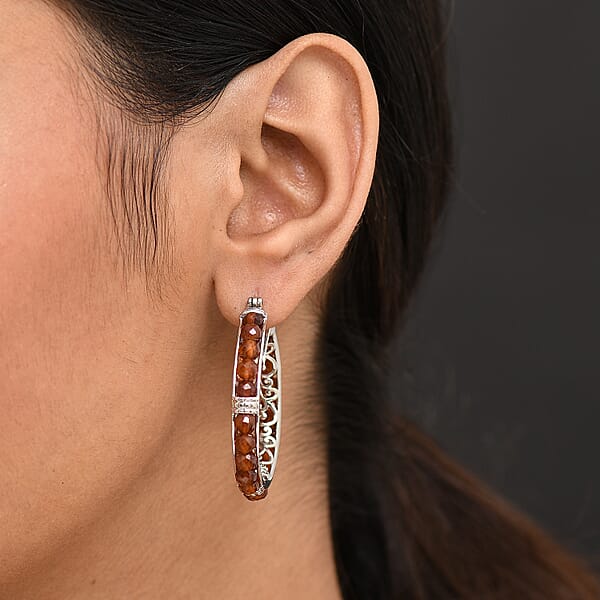 Shop Lc EverTrue Hessonite Garnet 25.40 Ctw Hoop Earrings In Platinum Bond