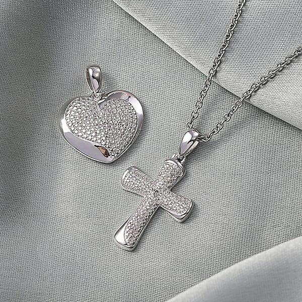Shop Lc EverTrue Lab Grown Diamond Accent Heart And Cross Pendants In Platinum Bond With Stainless Steel Necklace (20 Inches)