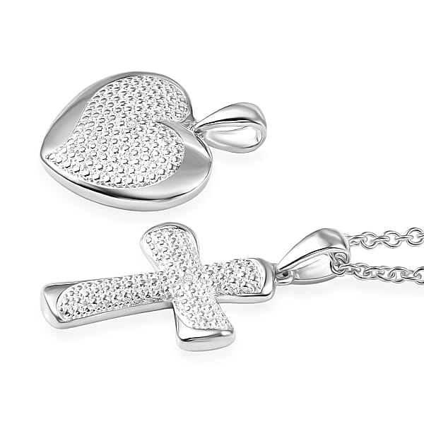 Shop Lc EverTrue Lab Grown Diamond Accent Heart And Cross Pendants In Platinum Bond With Stainless Steel Necklace (20 Inches)