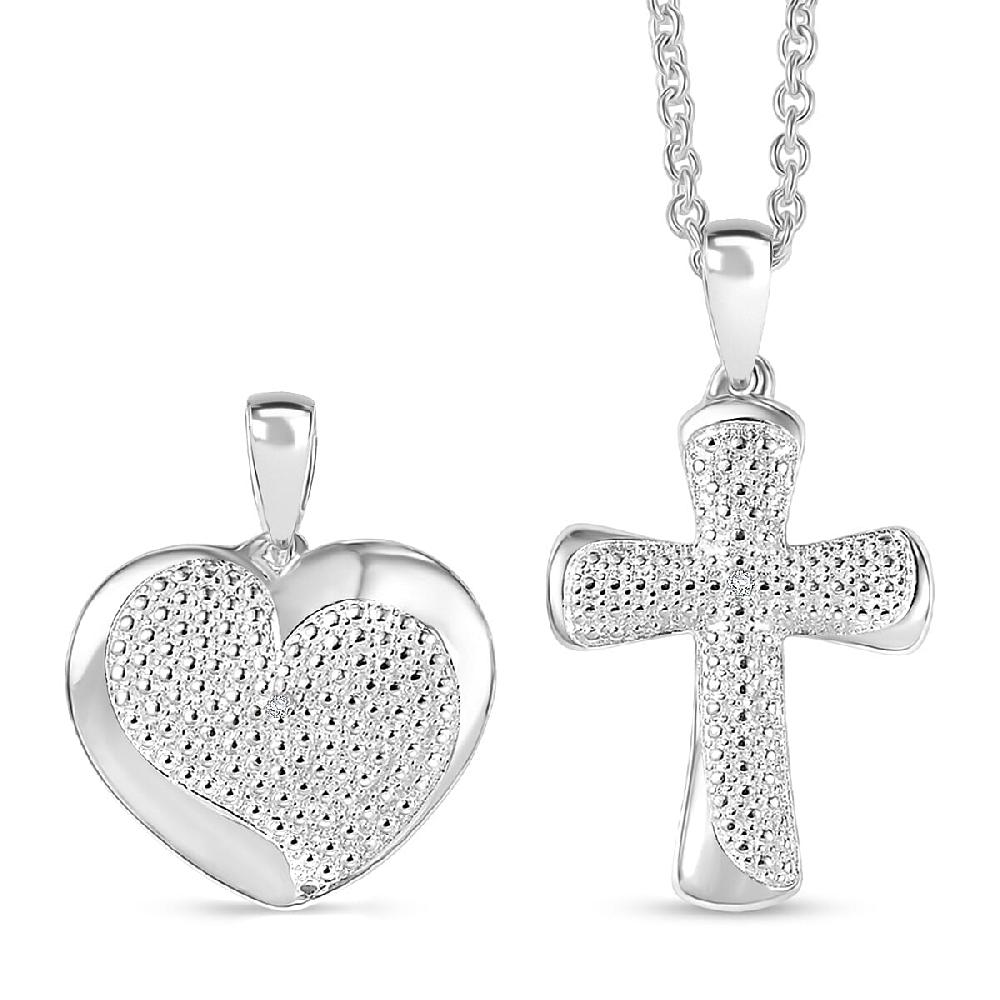 shop lc EverTrue Lab Grown Diamond Accent Heart and Cross Pendants in Platinum Bond with Stainless Steel Necklace (20 Inches)