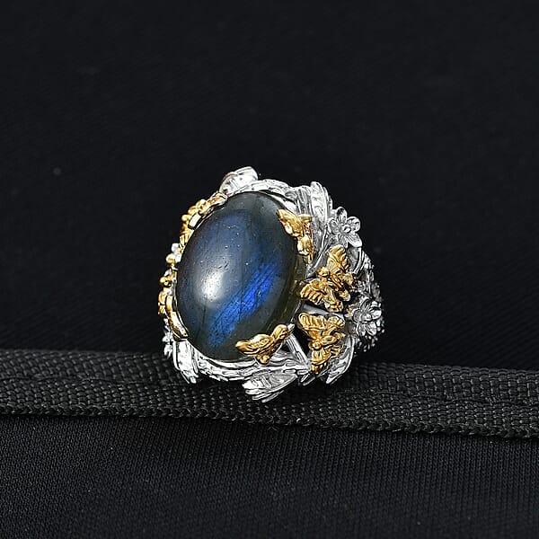 Shop Lc EverTrue Malagasy Labradorite 12.40 Ctw Floral And Butterfly Ring In 18K YG Plated And Platinum Bond (Del. In 7-10 Days)