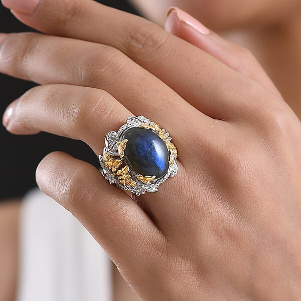 Shop Lc EverTrue Malagasy Labradorite 12.40 Ctw Floral And Butterfly Ring In 18K YG Plated And Platinum Bond (Del. In 7-10 Days)