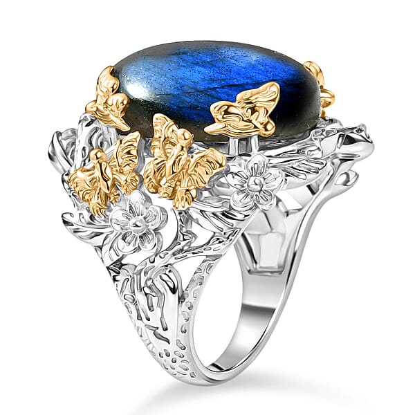 Shop Lc EverTrue Malagasy Labradorite 12.40 Ctw Floral And Butterfly Ring In 18K YG Plated And Platinum Bond (Del. In 7-10 Days)