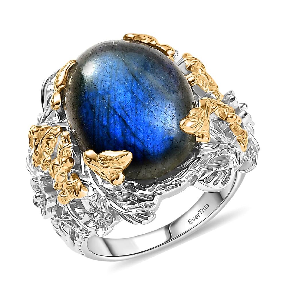 shop lc EverTrue Malagasy Labradorite 12.40 ctw Floral and Butterfly Ring in 18K YG Plated and Platinum Bond (Del. in 7-10 Days)