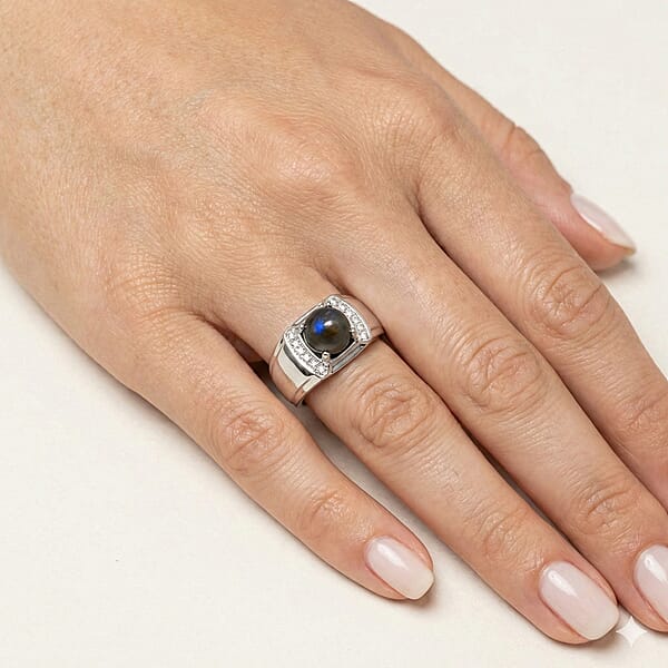 Shop Lc EverTrue Malagasy Labradorite Aand White Zircon 2.35 Ctw Midnight Men's Ring In Platinum Bond (Del. In 7-10 Days)