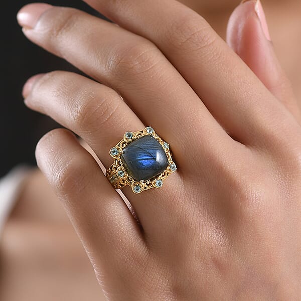 Shop Lc EverTrue Malagasy Labradorite And Apatite 8.90 Ctw Ring In 18K Yellow Gold Plated (Del. In 7-10 Days)