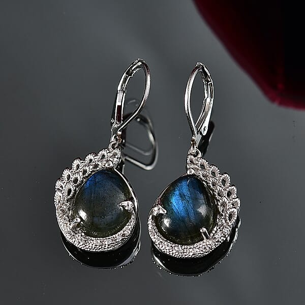 Shop Lc EverTrue Malagasy Labradorite White Zircon Earrings In Platinum Bond 16.90 Ctw