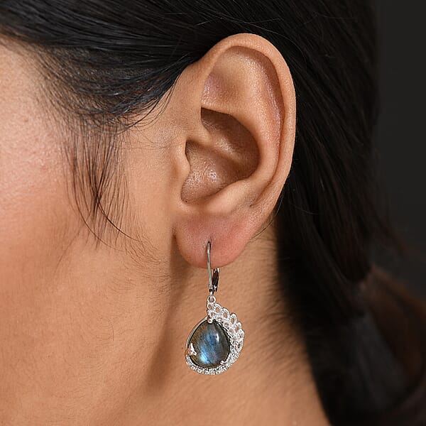 Shop Lc EverTrue Malagasy Labradorite White Zircon Earrings In Platinum Bond 16.90 Ctw