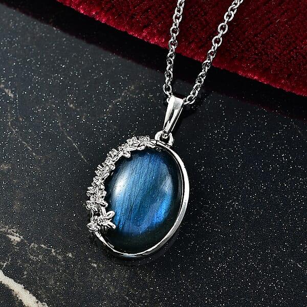 Shop Lc EverTrue Malagasy Labradorite White Zircon Moonbloom Pendant In Platinum Bond With Stainless Steel Necklace 9.15 Ctw (20 Inches)