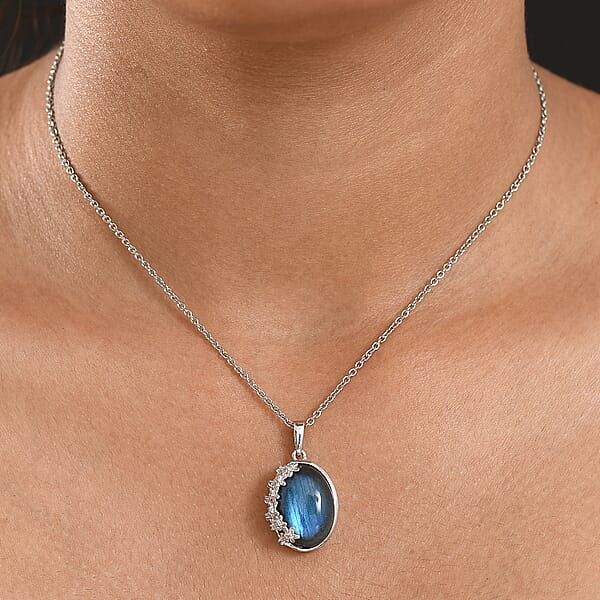 Shop Lc EverTrue Malagasy Labradorite White Zircon Moonbloom Pendant In Platinum Bond With Stainless Steel Necklace 9.15 Ctw (20 Inches)
